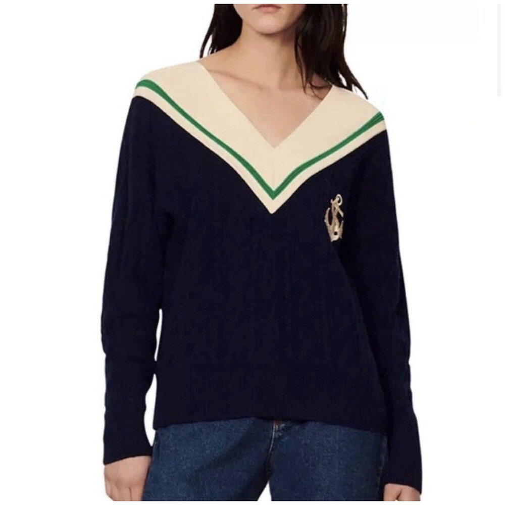 Womens Size 2 US 4/6 Sandro Cable Knit Sweater Nautical EUC